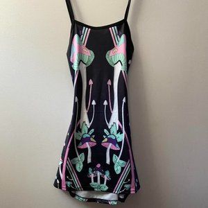 Neon Mushroom Print Backless Dress Perfect for Raves Lightweight Tie Back